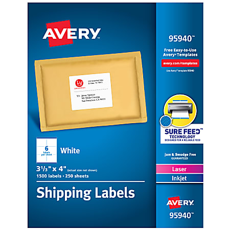 Avery® Shipping Labels With Sure Feed® Technology, 95940, Rectangle, 3-1/3" x 4", White, Pack Of 1,500 Labels