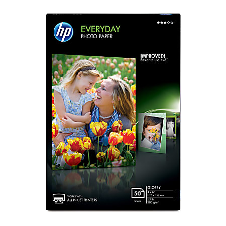 HP Everyday Photo Paper, 4" x 6", Glossy, 53 Lb, Pack Of 50 Sheets