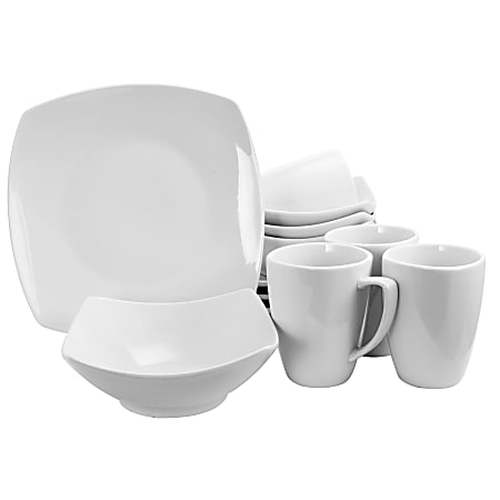 Gibson Home Zen Buffetware 12-Piece Square Dinnerware Set (Four 10-3/4" Dinner Plates, Four 8" Bowls, Four 12 Oz Mugs), White