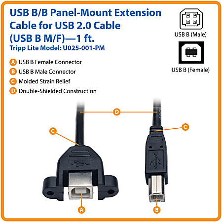 Tripp Lite 1ft Panel Mount USB 2.0 Extension Cable USB B to Panel Mount ...