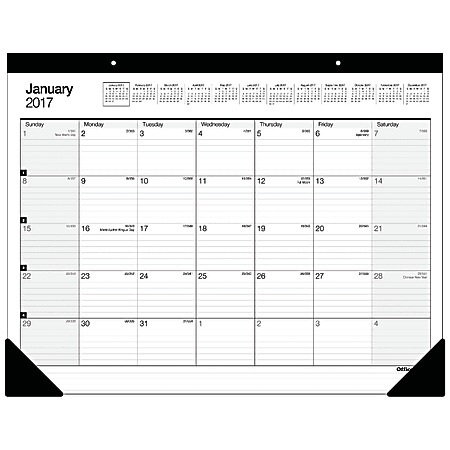 Office Depot® Brand Large Monthly Desk Pad Calendar, 30% Recycled, 22" x 17", Black, January-December 2017