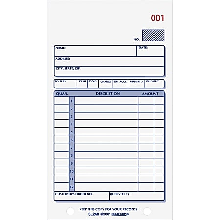 Rediform Carbonless 2-part Sales Book Forms - 50 Sheet(s) - Stapled - 2 Part - Carbonless Copy - 3 3/8" x 6 5/8" Sheet Size - 2 x Holes - Assorted Sheet(s) - Blue Print Color - 1 Each