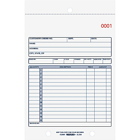 Rediform 3-Part Carbonless Sales Form - 50 Sheet(s) - Stapled - 3 PartCarbonless Copy - 5 1/2" x 7 7/8" Sheet Size - 2 x Holes - White, Yellow, Pink Sheet(s) - Blue Print Color - 1 Each