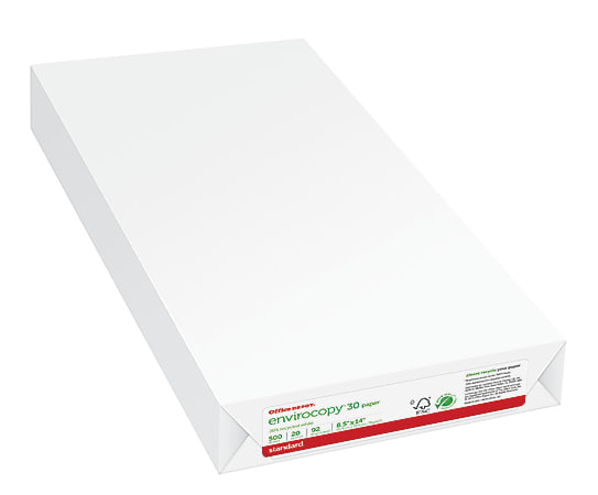 Office Depot® EnviroCopy® Copy Paper, 1 Ream, White, Legal (8.5" x 14"), 500 Sheets Per Ream, 20 Lb, 92 Brightness, 30% Recycled, 654001ODREA