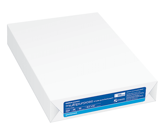 Office Depot® 3-Hole Punched Multi-Use Printer & Copy Paper, White, Letter (8.5" x 11"), 500 Sheets Per Ream, 20 Lb, 96 Brightness