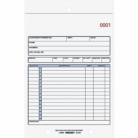 Rediform 2-Part Carbonless Sales Forms - 50 Sheet(s) - Stapled - 2 PartCarbonless Copy - 5.50" x 7.87" Sheet Size - 2 x Holes - Assorted Sheet(s) - Blue Print Color - 1 Each