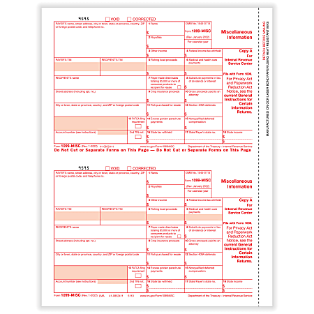 ComplyRight® 1099-MISC Tax Forms, Federal Copy A, 2-Up, Laser, 8-1/2" x 11", Pack Of 50 Forms
