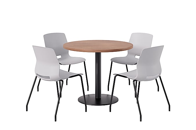 KFI Studios Midtown Pedestal Round Standard Height Table Set With Imme Armless Chairs, 31-3/4”H x 22”W x 19-3/4”D, River Cherry Top/Black Base/Light Gray Chairs