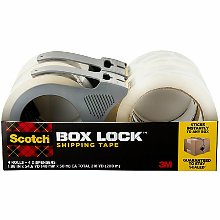 Scotch® Box Lock Packaging Tape with Dispenser, 1.88" x 165', Clear, Pack Of 4 Rolls