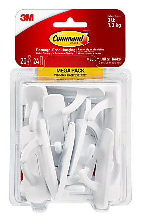 Command Medium Utility Hooks, White, 20-Command Hooks, 24-Command Strips, Damage-Free