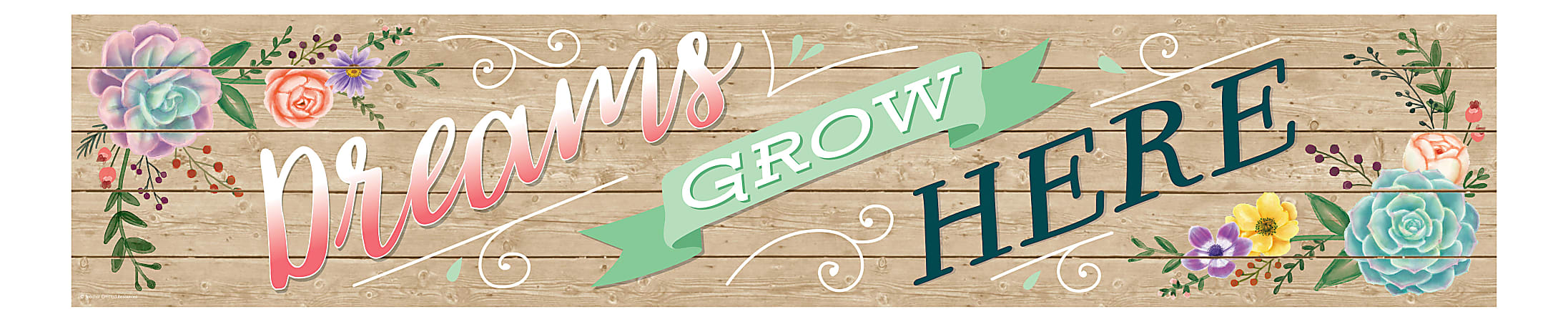 Teacher Created Resources Decorative Classroom Banner, 8" x 39", Rustic Bloom Dreams Grow Here