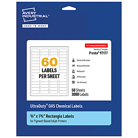 Avery® Ultra Duty® Permanent GHS Chemical Labels, 97177-WMUI50, Rectangle, 2/3" x 1-3/4", White, Pack Of 3,000