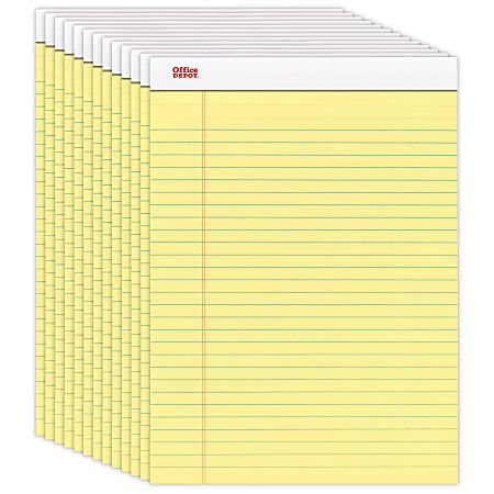 Office Depot® Brand Writing Pads, 8 1/2" x 11 3/4", Legal/Wide Ruled, 50 Sheets, Canary, Pack Of 12 Pads