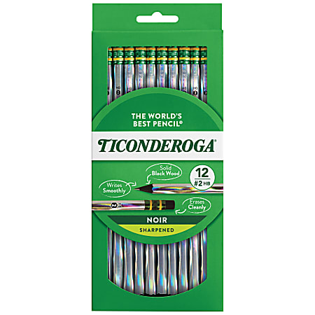 Ticonderoga® Noir Black Wood Pencils, #2 Soft Lead, Pre-Sharpened, Black/Silver, Pack Of 12 Pencils