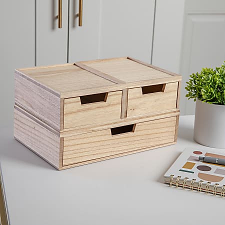 Martha Stewart Weston Stackable Boxes With Drawers, 3"H x 12-1/2"W x 6-3/4"D, Light Natural, Set Of 3 Boxes