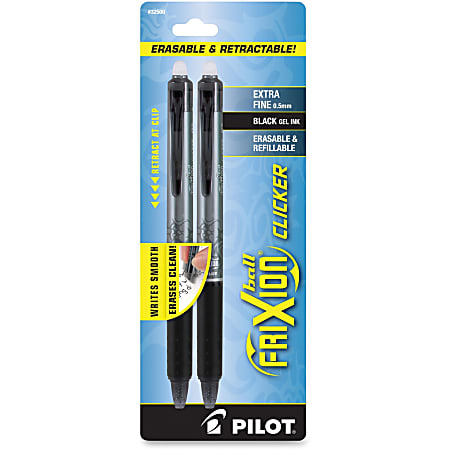 Pilot® FriXion Clicker Erasable Gel Pens, Extra-Fine Point, 0.5 mm, Clear Barrel, Black Ink, Pack Of 2 Pens