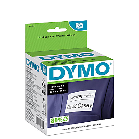 DYMO® LabelWriter® Name Badge Self-Adhesive Labels, 1760756, White, 2 1/4" x 4", Roll 0f 250 Labels