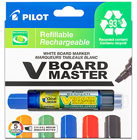 Pilot VBoard Master BeGreen Dry-Erase Markers, Chisel Point, 93% Recycled, Assorted inks, Pack of 5 Markers