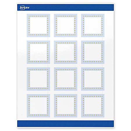 Avery® Print-To-The-Edge Labels & Sure Feed®, S00-DME-PRWGP10, 2" x 2", Glossy White, Preprinted Blue Border & Gold Dots Design, Pack Of 120