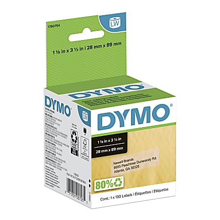 DYMO® LabelWriter® Labels, Address, Self-Adhesive Clear Labels, 1760754, 1 1/8" x 3 1/2", Roll of 130