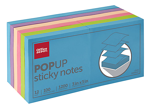 Office Depot® Brand Pop-Up Sticky Notes, 3" x 3", Assorted Neon Colors, 100 Sheets Per Pad, Pack Of 12 Pads