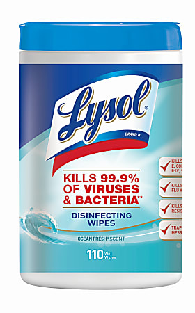 Lysol® Disinfecting Wipes, Ocean Fresh Scent, 7" x 8", Canister Of 110 Wipes