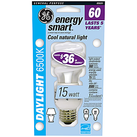 GE Spiral Compact Fluorescent Bulb, 15 Watts (60 Watts Equivalent), "Daylight