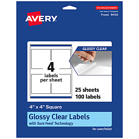Avery® Glossy Permanent Labels With Sure Feed®, 94100-CGF25, Square, 4" x 4", Clear, Pack Of 100