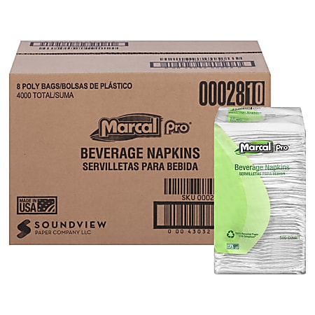Marcal® 100% Recycled 1-Ply Beverage Napkins, 9 1/4" x 9 1/2", White, 500 Napkins Per Pack, Case of 8 Packs