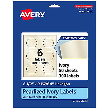 Avery® Pearlized Permanent Labels With Sure Feed®, 94121-PIP50, Hexagon, 2-1/2" x 2-57/64", Ivory, Pack Of 300 Labels