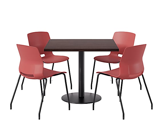 KFI Studios Proof Cafe Pedestal Table With Imme Chairs, Square, 29”H x 36”W x 36”W, Cafelle Top/Black Base/Coral Chairs