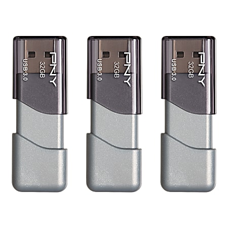PNY Turbo Attaché 3 USB 3.0 Flash Drives, 32GB, Silver, Pack Of 3 Drives