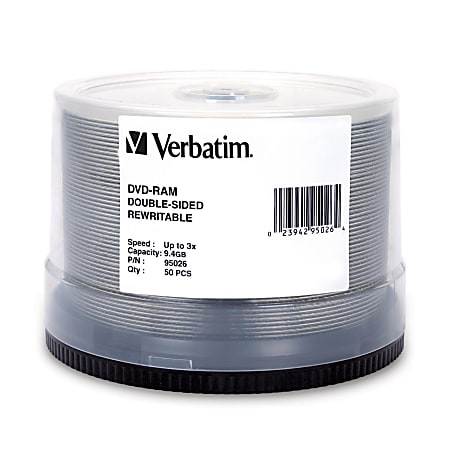 Verbatim DVD-RAM 9.4GB 3X Double Sided with HardCoat, No Cartridge - 50 pk Spindle - 9.4GB - 50 Pack