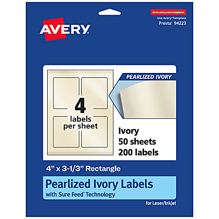 Avery® Pearlized Permanent Labels With Sure Feed®, 94223-PIP50, Rectangle, 4" x 3-1/3", Ivory, Pack Of 200 Labels