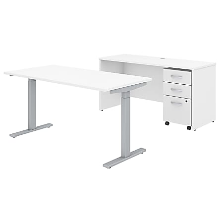 Bush Business Furniture Studio C 60"W x 30"D Height Adjustable Standing Desk, Credenza and One Mobile File Cabinet, White, Premium Installation