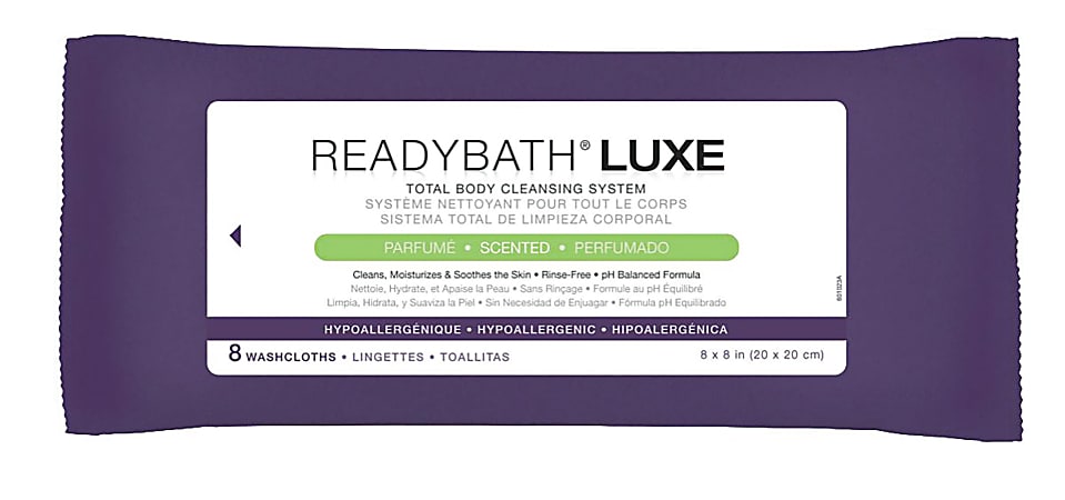 ReadyBath LUXE Total Body Cleansing Heavyweight Washcloths, Scented, 8" x 8", White, 8 Washcloths Per Pack, Case Of 24 Packs