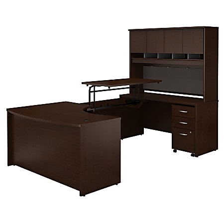 Bush Business Furniture Components 60"W Right Hand 3 Position Sit to Stand U Shaped Desk with Hutch and Mobile File Cabinet, Mocha Cherry, Premium Installation