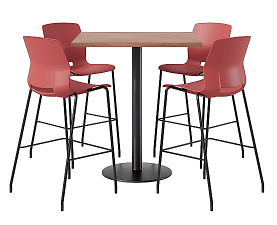 KFI Studios Proof Bistro Square Pedestal Table, Includes 4 Stools, 43-1/2”H x 42”W x 42”D, River Cherry Top/Black Base/Coral Chairs - 840031941992