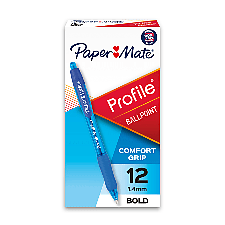 Paper Mate® Profile™ Retractable Ballpoint Pens, Bold Point, 1.4 mm, Translucent Barrel, Blue Ink, Pack Of 12