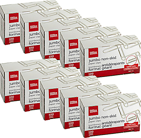 Office Depot® Brand Non-Skid Paper Clips, Jumbo, Silver, Pack Of 10 Boxes, 100 Clips Per Box, 1,000 Total 