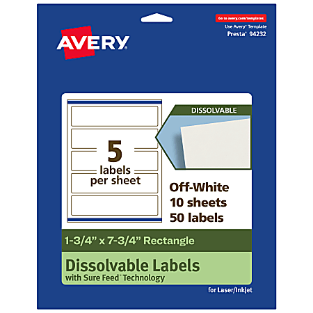 Avery® Print-to-the-Edge Dissolvable Labels With Sure Feed® Technology, 94232-DWMP10, Rectangle, 1-3/4"x7-3/4", Matte Off-White, Pack Of 50