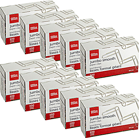 Office Depot® Brand Paper Clips, 1-7/8", 20-Sheet Capacity, Silver, 100 Clips Per Box, Pack Of 10 Boxes