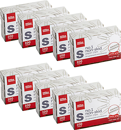 Office Depot® Brand Non-Skid Paper Clips, No. 1, Small, Silver, Pack Of 10 Boxes, 100 Per Box, 1000 Total