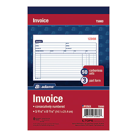 Adams® Carbonless Invoice Book, 3-Part, 5 9/16" x 8 1/2", Multicolor