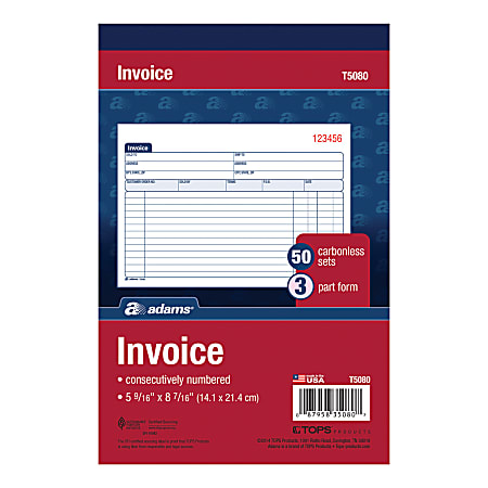 Adams&reg; Carbonless Invoice Book, 3-Part, 5 9/16" x 8 1/2", Multicolor