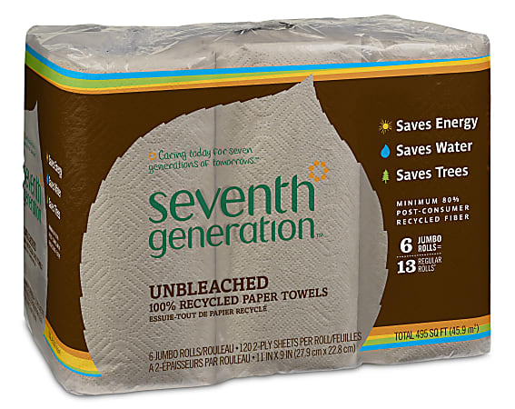 Seventh Generation™ Unbleached 2-Ply Jumbo Paper Towels, 100% Recycled, Natural, 120 Sheets Per Roll, Pack Of 6 Rolls