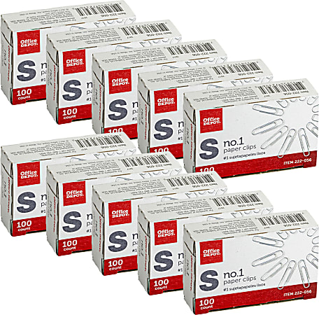 Office Depot® Brand Paper Clips, No. 1, Small, Silver, Pack Of 10 Boxes, 100 Per Box, 1,000 Total
