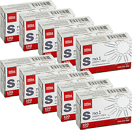 Office Depot® Brand Paper Clips, No. 1, 1-1/4", 20-Sheet Capacity, Silver, 100 Clips Per Box, Pack Of 10 Boxes