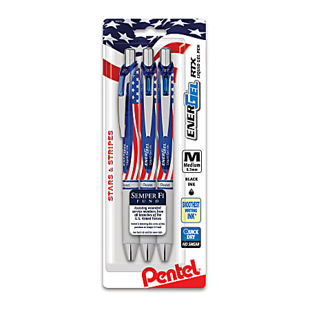 Pentel EnerGel RTX Retractable Liquid Gel Pens, Semper Fi Fund, Medium Point, 0.7 mm, Flag Barrel, Black Ink, Pack Of 3