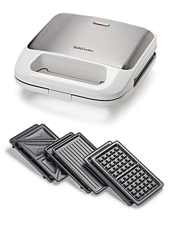 Betty Crocker 3-in-1 Indoor Grill, Sandwich & Waffle Maker Plus, 3-3/4”H x 9-1/4”W x 9”D, White